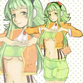 1girl absurdres ascot black-framed_eyewear breasts closed_mouth commentary english_commentary gem goggles goggles_on_head green_eyes green_hair green_shorts green_sports_bra gumi gumi_(v3_megpoid) hatsuno headphones highres jacket looking_at_viewer medium_breasts midriff navel orange_jacket polka_dot polka_dot_background red-tinted_eyewear short_hair_with_long_locks shorts sports_bra suspenders tinted_eyewear underboob vocaloid white_ascot zoom_layer