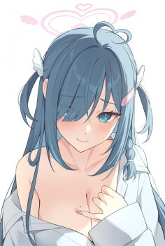 1girl absurdres ahoge amano_nene_(vtuber) bandaid bandaid_hair_ornament blue_eyes blue_hair breasts cleavage closed_mouth grey_hair hair_ornament halo heart heart_ahoge heart_halo highres indie_virtual_youtuber long_hair long_sleeves mole mole_on_breast mole_under_eye multicolored_hair second-party_source shirt single_bare_shoulder solo streaked_hair teti upper_body virtual_youtuber white_shirt wing_hair_ornament