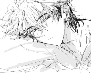 Rule 34 | 1boy, closed mouth, collarbone, earrings, expressionless, greyscale, hair between eyes, half-closed eyes, jewelry, looking at viewer, lying, male focus, messy hair, monochrome, multicolored hair, on bed, on side, piercing, pillow, portrait, shiguang dailiren, short hair, simple background, sketch, solo, two-tone hair, tyoookozuki, under covers, upper body, white background, xia fei