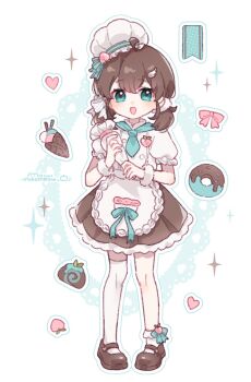 1girl :d ahoge apron artist_name asymmetrical_legwear bow bow_legwear brown_hair brown_shoes brown_skirt cake commentary donut double-parted_bangs food frilled_skirt frills full_body fur_wrist_cuffs green_bow green_eyes green_necktie green_ribbon hair_between_eyes hair_bow hair_ornament hat hat_ribbon heart highres holding holding_pastry_bag ice_cream looking_at_viewer mary_janes medium_hair necktie open_mouth original outline pastry_bag pleated_skirt polka_dot polka_dot_bow ribbon shirt shoes short_sleeves single_sock single_thighhigh skirt smile socks solo sparkle standing striped_ribbon swiss_roll symbol-only_commentary thighhighs uneven_legwear wafer_stick waist_apron white_apron white_background white_bow white_hat white_outline white_shirt white_socks white_thighhighs wing_hair_ornament wrist_cuffs yukomeow