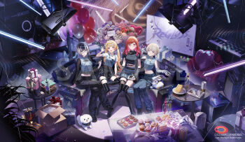 4girls arm_warmers balloon banpen_(todoroki_hajime) black_boots black_hair black_pants black_shoes black_thighhighs blonde_hair blue_pants boots bouquet box cake closed_mouth commentary_request crossed_legs cupcake denim fingerless_gloves flower food full_body gift gift_box glasses gloves grey_hair hand_up heart heart_o-ring highres hololive hololive_dev_is ichijou_ririka juufuutei_raden korean_commentary long_hair long_sleeves looking_at_viewer macaron midriff mixed-language_commentary multicolored_hair multiple_girls navel o-ring o-ring_thigh_strap official_art open_mouth otonose_kanade pants pink_hair purple_hair red_hair regloss_(hololive) sample_watermark shoes short_hair short_sleeves single_thighhigh sitting smile thigh_boots thigh_strap thighhighs todoroki_hajime uni_(ichijou_ririka) virtual_youtuber watermark zerg_(z79438659)