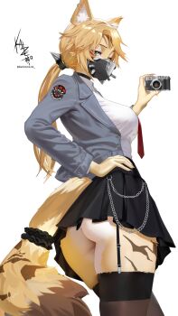 1girl absurdres animal_ears ass ass_focus black_skirt blonde_hair body_fur breasts camera cat_ears cat_girl chain choker commentary emblem facial_mark from_side furry furry_female garter_belt garter_straps hairband hand_on_own_hip highres holding holding_camera jacket katzenino looking_back mask necktie open_clothes open_jacket ponytail pulchra_fellini shirt sideways_glance signature simple_background skirt solo spiked_hairband spiked_mask spikes striped_fur tail tail_scrunchie thighhighs twitter_username white_background white_shirt zenless_zone_zero zettai_ryouiki
