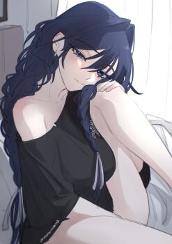 1girl absurdres bare_legs black_shirt blue_eyes blue_hair braid curtains ear_piercing feet_out_of_frame hair_between_eyes hair_intakes hair_ornament hand_on_own_knee head_on_knee head_tilt highres hololive hololive_english hunk_404 indoors knee_up light_blush light_smile long_braid long_hair looking_at_viewer on_bed ouro_kronii piercing shirt single_off_shoulder sitting solo virtual_youtuber