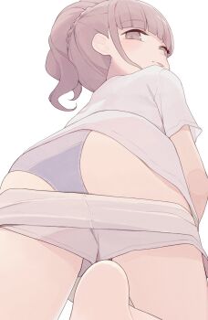 1girl ass brown_eyes brown_hair clothes_pull from_behind highres hiroki_(yyqw7151) looking_at_viewer looking_back panties ponytail purple_panties shirt shorts shorts_pull simple_background solo t-shirt underwear white_background white_shirt white_shorts