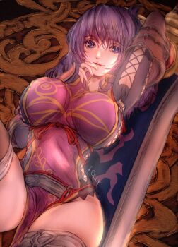 1girl ao_no_kiseki arm_guards artist_name breasts commentary_request dress eiyuu_densetsu finger_to_mouth hair_between_eyes hair_bun highres huge_weapon large_breasts looking_at_viewer lying on_back polly_(cott) purple_eyes purple_hair rixia_mao solo sword weapon zero_no_kiseki