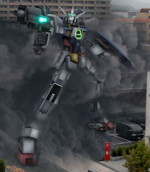 aqua_eyes beam_rifle building car dust_cloud energy_gun gun gundam gundam_age gundam_age-1 gundam_age-1_normal hiropon_(tasogare_no_puu) holding holding_gun holding_weapon humanoid_robot mecha mobile_suit motor_vehicle no_humans outdoors robot science_fiction shield solo v-fin weapon