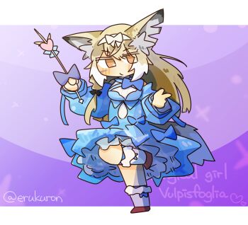 Rule 34 | 1girl, alternate costume, animal ears, arknights, blonde hair, blue dress, closed mouth, commentary, dress, facial scar, highres, holding, holding wand, lcron, long hair, long sleeves, multicolored hair, orange eyes, scar, scar on cheek, scar on face, solo, standing, standing on one leg, two-tone hair, vulpisfoglia (arknights), wand, white hair