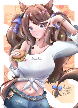 1girl animal_ears belt blue_bow blue_eyes blue_shorts blush bow bracelet breasts brown_hair burger character_charm charm_(object) chicken_(food) cleavage commentary cup disposable_cup food french_fries fried_chicken gold_belt gold_bracelet gold_city_(authentic/1928)_(umamusume) gold_city_(umamusume) hair_ornament hairclip highres holding holding_burger holding_food horse_ears horse_girl horse_tail jewelry large_breasts long_hair long_sleeves looking_at_viewer multicolored_nails parted_lips pizza pizza_slice quyyaq shirt shorts single_bare_shoulder solo symbol-only_commentary tail tied_shirt torn_clothes torn_shorts tosen_jordan_(umamusume) twintails umamusume white_shirt