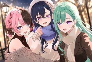 Rule 34 | 3girls, :d, absurdres, aqua hair, black bow, black hair, black shirt, blazer, blue hair, blurry, blurry background, bow, braid, brown cardigan, brown jacket, brown scarf, brown sweater, cable knit, cardigan, cardigan partially removed, choppy bangs, commentary request, crossed bangs, depth of field, hair between eyes, hair bow, hand up, highres, ichinose uruha, jacket, jewelry, lamppost, lapels, long bangs, long hair, long sleeves, looking at viewer, multicolored hair, multiple girls, necklace, night, notched lapels, open mouth, outdoors, parted bangs, pink bow, pink hair, purple eyes, purple scarf, scarf, shirt, short hair, side braid, sleeveless, sleeveless shirt, smile, split-color hair, sweater, swept bangs, tachibana hinano, turtleneck, turtleneck shirt, two-tone hair, upper body, virtual youtuber, vspo!, winter clothes, yakumo beni, ysnhryk