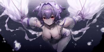 1girl absurdres alternate_breast_size_(larger) breasts commentary_request detached_sleeves frills goddess_of_victory:_nikke hair_between_eyes hair_intakes hanbok625 highres jellyfish_girl large_breasts leotard liberalio_(nikke) pantyhose purple_hair red_eyes short_hair_with_long_locks short_twintails sleeves_past_fingers sleeves_past_wrists solo twintails underwear water white_leotard white_pantyhose white_sleeves wire