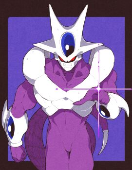Rule 34 | 1boy, armor, blue gem, breastplate, colored skin, cooler (dragon ball), cooler (fifth form) (dragon ball), cowboy shot, dragon ball, dragonball z, finger beam, forehead jewel, gem, glint, highres, inkerton-kun, looking at viewer, male focus, muscular, muscular male, pointing, pointing at viewer, purple skin, red eyes, solo, tail, white armor