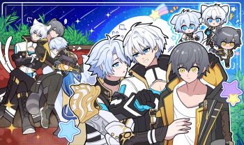 3boys animal animal_ears broken_record07 caelus_(honkai:_star_rail) chibi colorful_background commentary commentary_request english_commentary grey_hair highres honkai:_star_rail honkai_(series) honkai_impact_3rd hug kevin_kaslana looking_at_another multiple_boys phainon_(honkai:_star_rail) sparkle_background trailblazer_(honkai:_star_rail) white_hair