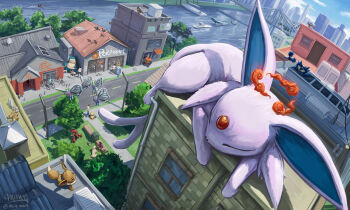Rule 34 | animal, bicycle, bird, blue sky, boat, bridge, building, butterfree, city, closed eyes, cloud, commentary, cubchoo, day, dynamax, eevee, emboar, english commentary, espeon, forehead jewel, forked tail, gen 1 pokemon, gen 2 pokemon, gen 3 pokemon, gen 4 pokemon, gen 5 pokemon, grass, highres, lamppost, makuhita, mcgmark, murkrow, nintendo, on rooftop, oversized animal, persian (pokemon), pidgey, pidove, poke mart, pokemon, pokemon (creature), pokemon focus, quagsire, red clouds, road, scizor, sidewalk, sign, sky, sleeping, snorlax, staraptor, starly, street, tail, tree, umbreon, vanillite, vaporeon, water, watercraft, window