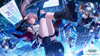 4girls aether_gazer belt black_boots black_jacket black_necktie black_pants blue_hair boots brown_hair building buzenbo_(aether_gazer) character_request cityscape company_name copyright_name falling highres jacket kuikui long_hair lu_wu_(aether_gazer) multiple_girls necktie night night_sky one_eye_closed open_clothes open_jacket open_mouth pants ponytail salute shirt sky skyscraper sleeveless sleeveless_shirt smile thigh_belt thigh_strap thighs thoth_(aether_gazer) verthandi_(aether_gazer) white_shirt