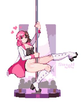 1girl artist_name boots bottomless breasts brown_hair commentary english_commentary full_body grin heart high_heel_boots high_heels knee_boots long_sleeves looking_at_viewer medium_breasts multicolored_hair neopolitan_(rwby) pink_hair pixel_art pole pole_dancing rwby sim0n404 smile solo split-color_hair stripper_pole two-tone_hair white_boots