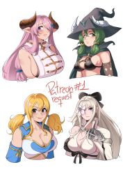 Rule 34 | 4girls, absurdres, bare shoulders, black hat, blonde hair, blue eyes, breasts, character request, cleavage, commentary, copyright request, cropped torso, deliciousbrain, detached sleeves, drag-on dragoon, drag-on dragoon 3, fairy tail, granblue fantasy, green eyes, green hair, hat, highres, horns, horns through headwear, long hair, looking at viewer, lucy heartfilia, multiple girls, narmaya (granblue fantasy), parted lips, pink hair, pointy ears, purple eyes, sideboob, smile, twintails, unicorn overlord, very long hair, white hair, witch hat, yahna (unicorn overlord), zero (drag-on dragoon)