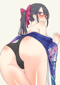 1girl ass black_hair black_panties blue_eyes blush commentary_request daipunch glasses highres japanese_clothes kimono meganegawa_(daipunch) off_shoulder original panties ponytail red-framed_eyewear simple_background solo underwear