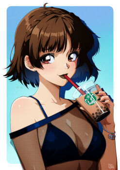 1girl absurdres black_bra black_lips black_nails bra bracelet braid breasts brown_hair bubble_tea collarbone commentary crown_braid cup disposable_cup drinking drinking_straw drinking_straw_in_mouth english_commentary gravydood highres holding holding_cup jewelry looking_at_viewer medium_breasts niijima_makoto persona persona_5 red_eyes see-through_cleavage see-through_clothes see-through_shirt shirt short_hair solo underwear upper_body