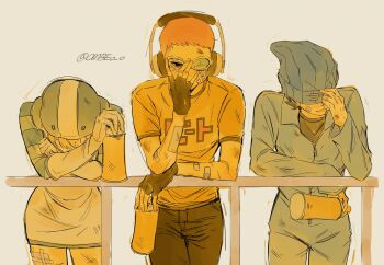 Rule 34 | 1girl, 2boys, bandages, bandaid, bandaid on arm, beat (jsr), black hair, blonde hair, broken eyewear, bruise, covering own eyes, crossed arms, denim, dress, fingerless gloves, gloves, gum (jsr), hand on railing, hat over eyes, headphones, highres, injury, jeans, jet set radio, jumpsuit, multiple boys, ombeo o, pants, railing, red hair, sepia background, shirt, short dress, short hair, skullcap, spray can, t-shirt, tab (jsr), twitter username, very short hair, y2k fashion