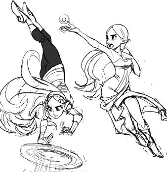 armpits arms_up ass braid breasts butt_crack_outline cleavage dress elf gluteal_fold hair_ornament hairclip highres leggings long_hair magic monochrome nintendo pointy_ears princess_zelda sideboob sketch strapless strapless_dress teevo the_legend_of_zelda the_legend_of_zelda:_breath_of_the_wild