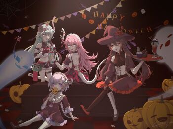 4girls :d :p asymmetrical_legwear belt blue_eyes blue_hair boo_tao_(genshin_impact) brown_dress brown_hair brown_thighhighs candy closed_mouth coffin dress food full_body genshin_impact ghost halloween halloween_costume happy_halloween hat highres holding holding_food holding_tray honkai_(series) honkai_impact_3rd horns hu_tao_(genshin_impact) liliya_olenyeva liliya_olenyeva_(shelley's_beastliya) lollipop looking_at_viewer mihoyo mismatched_legwear multiple_girls nene_chiru open_mouth pumpkin purple_eyes purple_hair qiqi_(genshin_impact) red_eyes rozaliya_olenyeva rozaliya_olenyeva_(gothic_rozamary) shorts siblings single_horn smile tail thighhighs tongue tongue_out tray twins white_thighhighs witch witch_hat