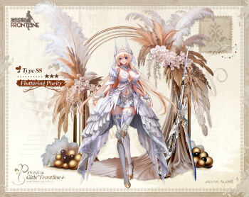 Rule 34 | 1girl, blonde hair, blue eyes, blush, breasts, cleavage, clothing cutout, dango remi, detached collar, detached sleeves, dress, feathered wings, flower, gewehr 88, girls' frontline, gun, hair intakes, hanyang type 88 (fluttering purity) (girls' frontline), hanyang type 88 (girls' frontline), head wings, high heels, highres, huge breasts, large breasts, long hair, long legs, navel, navel cutout, official art, promotional art, rifle, rose, smile, sniper rifle, solo, sword, thighhighs, very long hair, weapon, wedding dress, white flower, white rose, wings