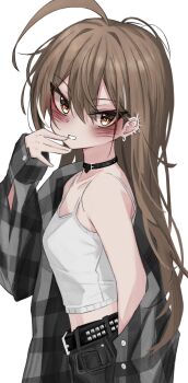 Rule 34 | 1girl, absurdres, ahoge, akarinnndesu, belt, black belt, black jacket, black pants, breasts, brown eyes, brown hair, camisole, ear piercing, highres, hololive, hololive english, huge ahoge, jacket, looking at viewer, nanashi mumei, pants, piercing, plaid clothes, plaid jacket, simple background, small breasts, solo, studded belt, virtual youtuber, white background, white camisole