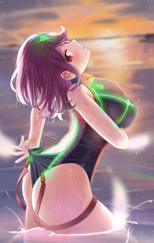 1girl absurdres adjusting_clothes adjusting_swimsuit akirondo aqua_gemstone ass black_one-piece_swimsuit breasts chest_jewel competition_swimsuit earrings floating_earrings gem headpiece highleg highleg_one-piece_swimsuit highres jewelry large_breasts looking_at_viewer looking_back ocean one-piece_swimsuit partially_submerged pyra_(pro_swimmer)_(xenoblade) pyra_(xenoblade) red_eyes red_hair red_one-piece_swimsuit ribbed_swimsuit short_hair smile solo striped_clothes striped_one-piece_swimsuit swept_bangs swimsuit tiara twilight two-tone_swimsuit vertical-striped_clothes vertical-striped_one-piece_swimsuit wedgie xenoblade_chronicles_(series) xenoblade_chronicles_2