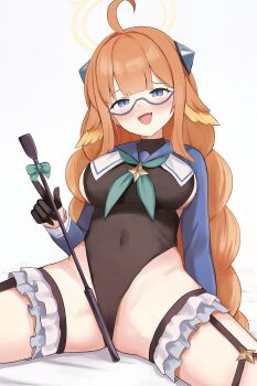 1girl absurdres ahoge black_garter_straps black_gloves black_leotard blue_archive blue_eyes blue_shrug blush braid braided_twintails breasts commentary_request covered_navel feather_hair file_mei_naraku frilled_thigh_strap garter_straps glasses gloves halo highres holding holding_riding_crop large_breasts leotard long_hair official_alternate_costume open_mouth orange_hair riding_crop shimiko_(blue_archive) shimiko_(magical)_(blue_archive) shrug_(clothing) sideboob solo thigh_strap thighs very_long_hair yellow_halo