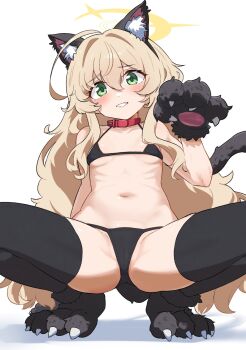 1girl alternate_costume animal_ears bikini blonde_hair blue_archive breasts cat_ears cat_tail green_eyes halo navel professor_niyaniya_(blue_archive) sashu_(thershr6s) simple_background small_breasts solo squatting swimsuit tail white_background yellow_halo