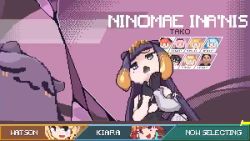 2girls akai_haato animated apex_legends bloop_(gawr_gura) bubba_(watson_amelia) character_name character_select colored_inner_hair crowbar death-sensei_(mori_calliope) enma-chan gawr_gura gawr_gura_(1st_costume) glasses holding holding_weapon hololive hololive_english kotori_(takanashi_kiara) looking_at_viewer mole mole_under_eye mori_calliope mori_calliope_(1st_costume) multicolored_hair multiple_girls ninomae_ina&#039;nis ninomae_ina&#039;nis_(1st_costume) open_mouth parody pixel_art pointy_ears purple_eyes purple_hair red_eyes red_hair ronin_(zeth_total) short_hair surprised takanashi_kiara takanashi_kiara_(1st_costume) takodachi_(ninomae_ina&#039;nis) tying_hair video virtual_youtuber walking watson_amelia watson_amelia_(1st_costume) weapon yagoo