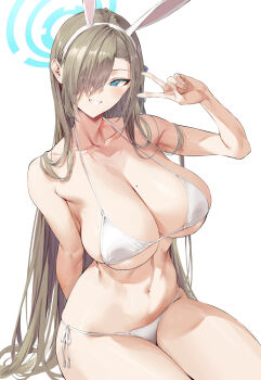 1girl animal_ears arm_behind_back asuna_(blue_archive) asuna_(bunny)_(blue_archive) bare_shoulders bikini blue_archive blue_eyes blush breasts cleavage collarbone fake_animal_ears fingernails floating floating_object hair_over_one_eye hairband halo hand_up highres hiiragi_yuuichi large_breasts light_brown_hair long_hair mole mole_on_breast navel parted_lips rabbit_ears shiny_skin shirt side-tie_bikini_bottom simple_background smile solo swimsuit teeth thighs v white_background white_shirt