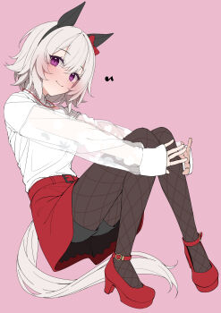 1girl absurdres animal_ears blush bow breasts curren_chan_(casual)_(umamusume) curren_chan_(umamusume) ear_bow ear_covers grey_hair hair_between_eyes highres horse_ears horse_girl horse_tail kawai_ritsu_(rits_meg) long_sleeves looking_at_viewer purple_eyes red_bow shirt short_hair simple_background single_ear_cover smile solo tail umamusume