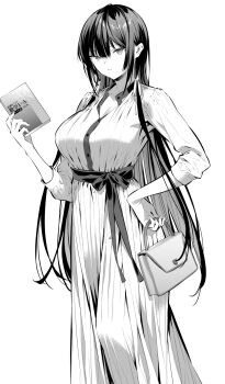 1girl bag book commentary_request haite_kudasai_takamine-san handbag highres hiiragi_yuuichi holding holding_bag holding_book long_hair long_sleeves monochrome parted_lips sash solo standing takamine_takane