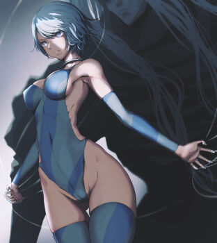 1girl armpits bare_shoulders blue_thighhighs breasts breasts_apart cameltoe choker closed_mouth commentary_request covered_erect_nipples covered_navel cowboy_shot dark detached_sleeves gluteal_fold grey_eyes groin harlequin_(karakuri_circus) highleg highleg_leotard highres hip_bones hip_focus karakuri_circus leotard medium_breasts narrow_waist pandarou puppet puppet_strings revision ribs shirogane_(karakuri_circus) short_hair silver_hair skin_tight skinny standing thigh_gap thighhighs
