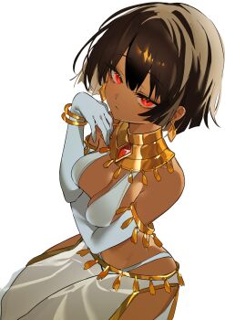 1girl ancient_egyptian_clothes arm_under_breasts bracelet breasts brown_hair cleavage closed_mouth commentary criss-cross_halter dark-skinned_female dark_skin earrings english_commentary expressionless eyebrows_hidden_by_hair from_above from_side gloves halterneck highres jewelry looking_at_viewer medium_breasts original panties red_eyes short_hair simple_background solo underwear white_background white_gloves white_panties woppuru