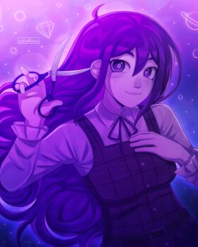 1girl alternate_costume alternate_universe artist_name blush bright_pupils closed_mouth colored_skin commentary double-parted_bangs english_commentary hair_between_eyes highres holding holding_scissors long_sleeves looking_at_viewer mari_(headspace)_(omori) mari_(omori) omori purple_eyes purple_hair purple_theme scissors smile solo upper_body white_pupils white_skin zoewillowz