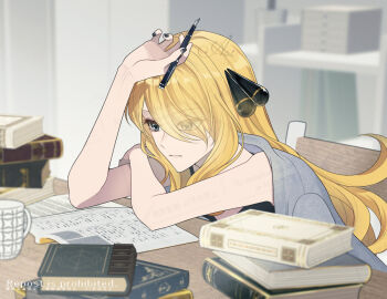 1girl black_nails blonde_hair book chair closed_mouth cup cynthia_(pokemon) elbows_on_table grey_eyes hair_ornament hair_over_one_eye hand_on_own_head holding holding_pen leaning_on_table long_hair nintendo notebook pen pokemon pokemon_dppt sakaralalala signature sitting solo table very_long_hair wardrobe