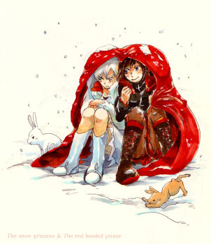 2girls blue_eyes blush boots cape cropped_jacket dress english_text grey_eyes kamejikiriga knee_boots lace-up_boots multiple_girls pantyhose rabbit ruby_rose rwby shared_cape shared_clothes skirt smile snow snowing warming weiss_schnee white_hair