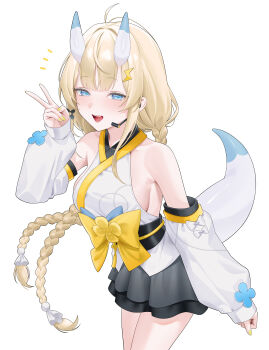 1girl absurdres ahoge bare_shoulders black_skirt black_sleeves blonde_hair blue_eyes blue_horns blush breasts commentary_request cowboy_shot detached_sleeves fingernails gfpebs hair_ornament half-closed_eyes hand_up highres horns kadou_mikaru large_breasts leaning_forward long_hair multicolored_horns multicolored_sleeves nail_polish nijisanji open_mouth shirt simple_background skirt sleeveless sleeveless_shirt solo tail teeth two-tone_horns v virtual_youtuber white_background white_horns white_shirt white_sleeves yellow_nails yellow_sleeves