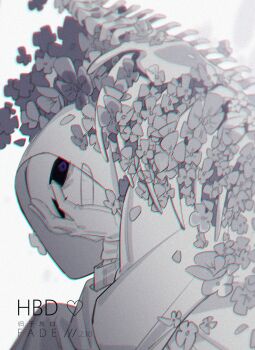 1other alternate_universe arm_rest asaiiro black_sclera blurry blurry_background colored_sclera dappled_sunlight dusttale elbow_rest facing_to_the_side flower grey_flower grey_hoodie greyscale hand_rest highres hood hood_up hoodie leaning_forward light_particles monochrome purple_eyes sans_(undertale) skeleton spine spot_color sunlight turning_head upper_body white_background