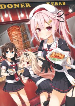 3girls ahoge beret black_gloves black_hair black_serafuku black_shirt black_skirt blonde_hair blue_eyes braid commentary_request doner_kebab doner_sandwich food gloves hair_flaps hair_over_shoulder harusame_(kancolle) harusame_kai_ni_(kancolle) hat highres kantai_collection long_hair miniskirt multiple_girls neckerchief pink_hair pleated_skirt red_eyes red_neckerchief rotisserie sailor_collar scarf school_uniform serafuku shigure_(kancolle) shigure_kai_ni_(kancolle) shirt short_sleeves side_ponytail single_braid skirt smile vertical_rotisserie white_hat white_sailor_collar white_scarf yume_no_owari yuudachi_(kancolle) yuudachi_kai_ni_(kancolle)