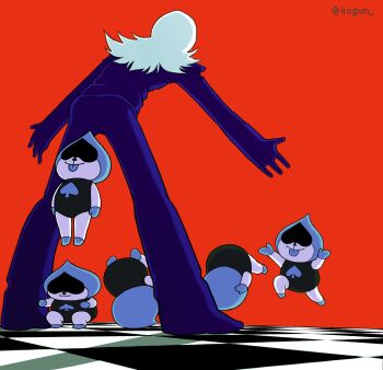 2boys :p afterimage blue_suit blue_tongue checkered_floor colored_tongue deltarune formal_clothes headbutt highres incoming_attack irogun jumping lancer_(deltarune) medium_hair multiple_boys no_eyes outstretched_arms red_background rouxls_kaard suit tongue tongue_out utdr_(toby_fox) white_hair