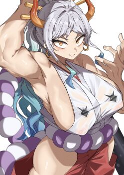 1girl absurdres ahoge aqua_hair arm_behind_head arm_up armpits bare_arms bare_shoulders biceps blue_hair blush breasts closed_mouth clothing_cutout club club_(weapon) commentary covered_erect_nipples cowboy_shot curled_horns earrings fingernails gradient_hair grey_hair hair_ornament hair_stick hakama hakama_pants hand_up high_ponytail highres hip_vent holding holding_behind_back holding_club holding_weapon holding_weapon_behind_back hoop_earrings horns huge_breasts japanese_clothes jewelry kanabou long_hair looking_at_viewer multicolored_hair muscular muscular_female nipples one_piece oni orange_horns pants parted_bangs ponytail red_hakama rope see-through_clothes see-through_shirt shimenawa shirt sideboob sideless_shirt sidelocks simple_background sleeveless sleeveless_shirt smile solo standing very_long_hair wavy_hair weapon white_background white_shirt yamato_(one_piece) yellow_eyes younki