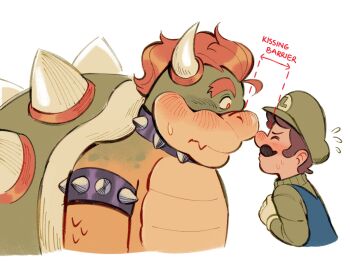 2boys armlet blush bowser closed_eyes collar commentary cropped_torso didy414 english_commentary english_text facial_hair fang flying_sweatdrops furry furry_male furry_with_non-furry gloves green_hat green_shirt hat highres horns interspecies jewelry long_sleeves luigi male_focus mario_(series) multiple_boys mustache nintendo nose_blush orange_hair overalls profile red_eyes shell shirt simple_background skin_fang spiked_armlet spiked_collar spiked_shell spikes turtleneck white_background white_gloves yaoi