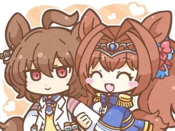 Rule 34 | 2girls, agnes tachyon (tach-nology) (umamusume), agnes tachyon (umamusume), ahoge, animal ears, blue bow, blue jacket, blue shirt, blush, blush stickers, bow, brown hair, chemical structure, closed eyes, coat, collared shirt, commentary, daiwa scarlet (peak blue) (umamusume), daiwa scarlet (umamusume), diagonal-striped background, earrings, epaulettes, fang, hair between eyes, hair intakes, hair ribbon, heart, horse ears, horse girl, horse tail, jacket, jewelry, lab coat, locked arms, long hair, medium hair, multiple girls, open clothes, open coat, open mouth, orange hair, pleated skirt, red eyes, ribbon, shirt, shitou (fuwatoga), silver tiara, single earring, skirt, smile, striped background, sweater, tail, test tube, tiara, twintails, umamusume, very long hair, white shirt, yellow sweater