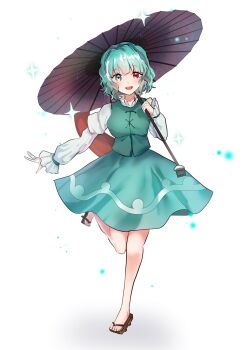 1girl blue_dress blue_eyes blue_hair blue_skirt dress full_body heterochromia highres holding holding_umbrella leg_up long_sleeves looking_at_viewer mitsusame purple_umbrella red_eyes sandals shirt short_hair simple_background skirt smile solo sparkle standing standing_on_one_leg tatara_kogasa touhou umbrella white_background white_shirt