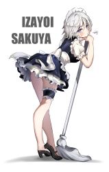 Rule 34 | 1girl, black footwear, character name, derivative work, full body, high heels, highres, holding, holding mop, izayoi sakuya, looking at viewer, maid, maid headdress, mop, purple eyes, simple background, solo, sweatdrop, touhou, white background, white hair, ycl 090