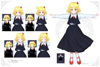 1girl absurdres anger_vein black_skirt black_vest blonde_hair blush closed_eyes closed_mouth commentary_request embodiment_of_scarlet_devil hair_ribbon highres long_sleeves looking_at_viewer medium_hair miraclevoltage multiple_expressions official_art_inset red_eyes red_shoes reference_inset ribbon rumia shirt shoes skirt smile socks touhou vest white_shirt white_socks zun_(artist)