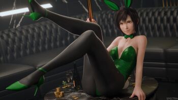1girl 3d alcohol animal_ears bare_shoulders black_hair blender_(medium) bow bowtie champagne couch final_fantasy final_fantasy_vii final_fantasy_vii_rebirth final_fantasy_vii_remake high_heels highres leotard medium_hair nail_polish playboy_bunny rabbit_ears sabotender sitting spectra_3d yuffie_kisaragi